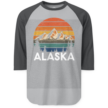 Retro Alaska Mountain Scenery Shirt 3/4 Sleeve Raglan Shirt – Heather Grey/Heather Charcoal – Alaska Cruise Shirts