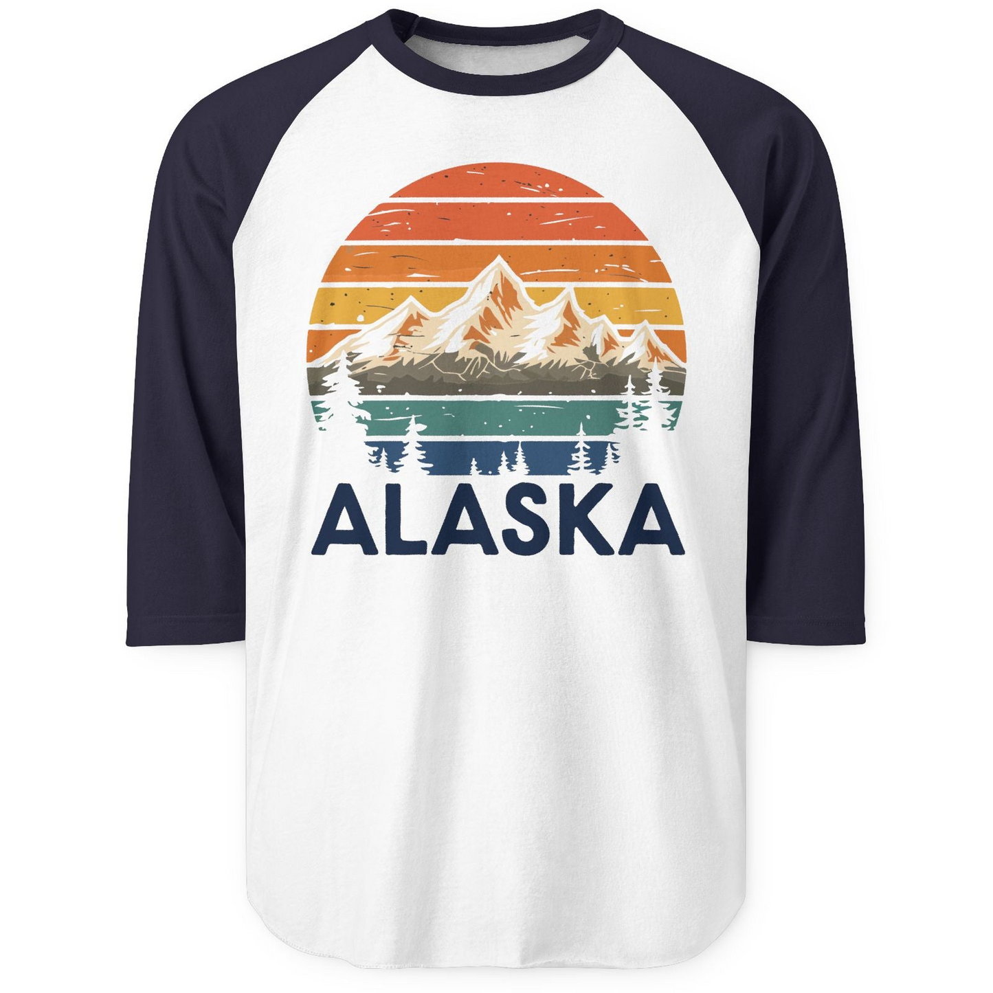 Retro Alaska Mountain Scenery Shirt 3/4 Sleeve Raglan Shirt – White/Navy – Alaska Cruise Shirts