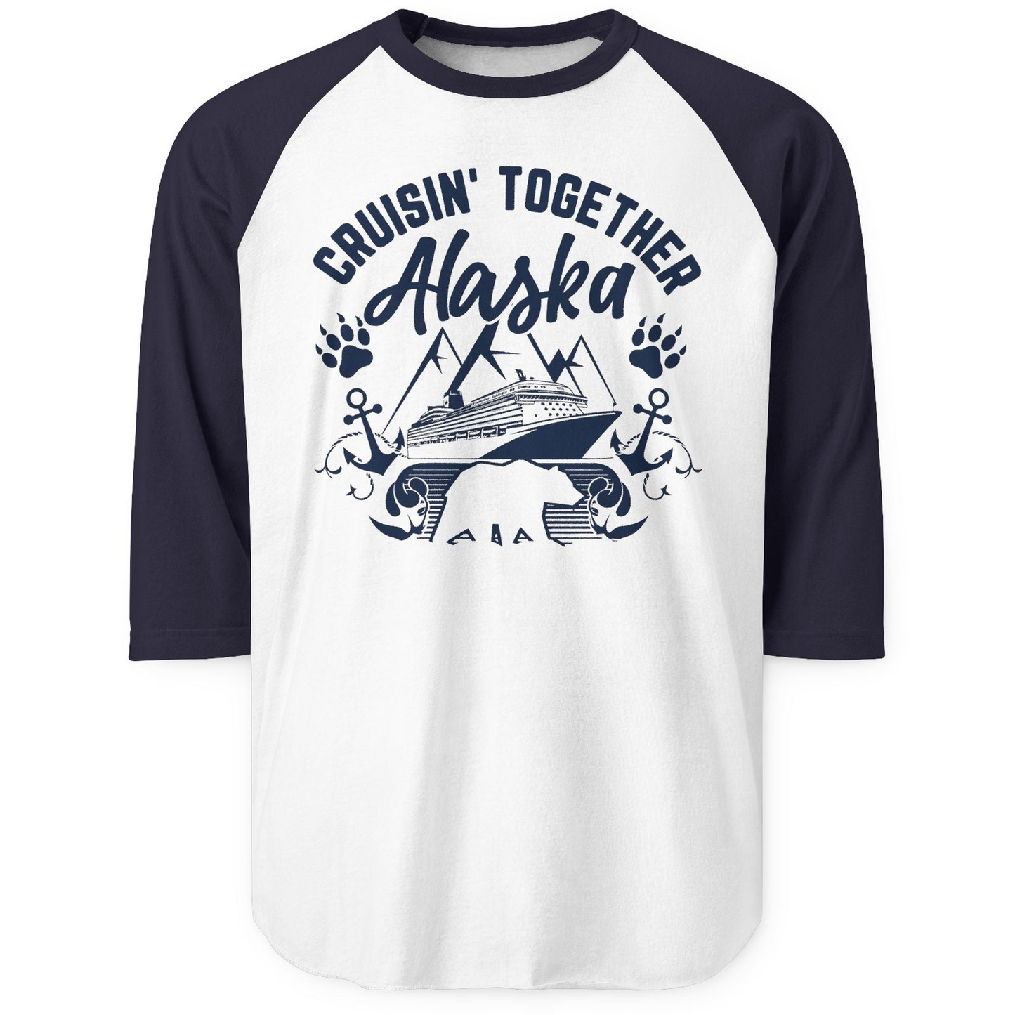 Alaska Cruise Adventure Shirt 3/4 Sleeve Raglan Shirt – White/Navy – Alaska Cruise Shirts
