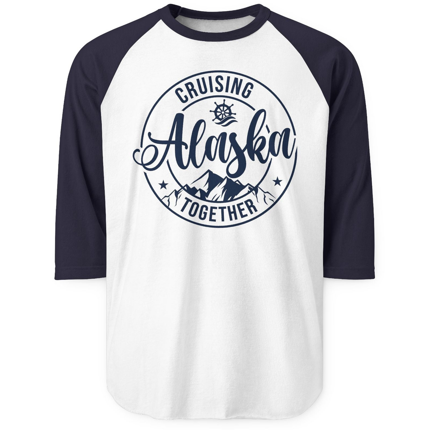 Cruising Alaska Together Shirt 3/4 Sleeve Raglan Shirt – White/Navy – Alaska Cruise Shirts