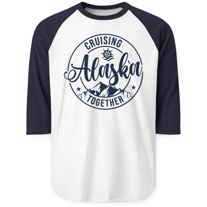 Cruising Alaska Together Shirt 3/4 Sleeve Raglan Shirt – White/Navy – Alaska Cruise Shirts