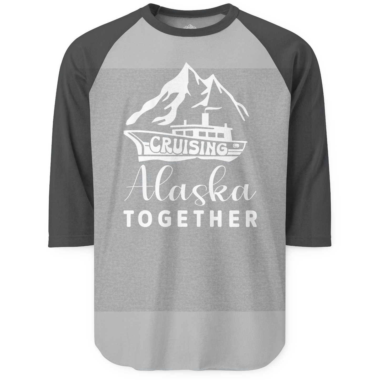 Cruising Alaska Together Mountains and Ship Family Cruise Shirt — 3/4 Sleeve 3/4 Sleeve Raglan Shirt – Heather Grey/Heather Charcoal – Alaska Cruise Shirts