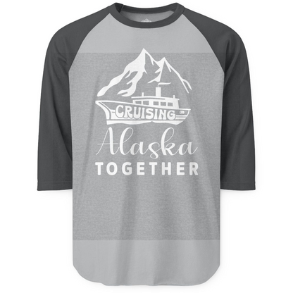 Cruising Alaska Together Mountains and Ship Family Cruise Shirt — 3/4 Sleeve 3/4 Sleeve Raglan Shirt – Heather Grey/Heather Charcoal – Alaska Cruise Shirts