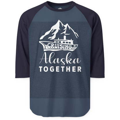 Cruising Alaska Together Mountains and Ship Family Cruise Shirt — 3/4 Sleeve 3/4 Sleeve Raglan Shirt – Heather Denim/Navy – Alaska Cruise Shirts