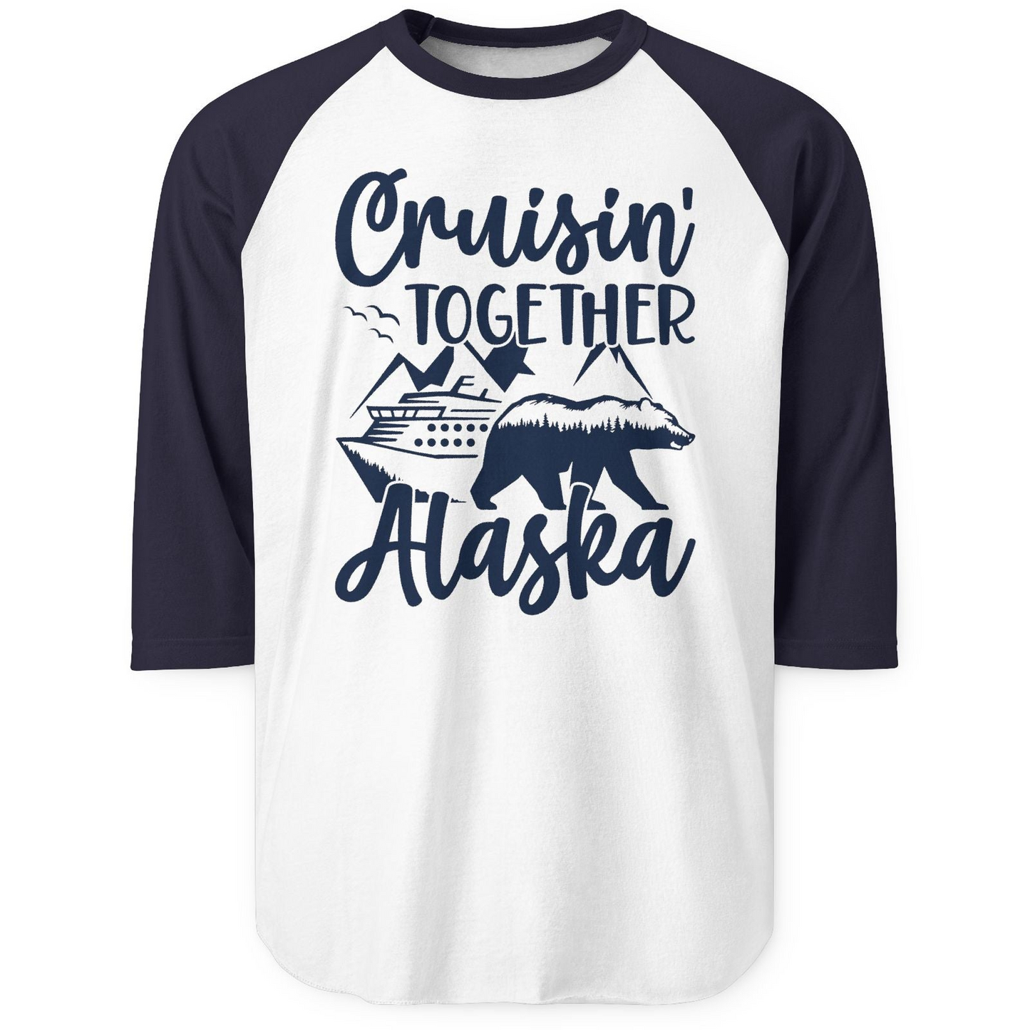Alaska Cruise Adventure Shirt 3/4 Sleeve Raglan Shirt – White/Navy – Alaska Cruise Shirts