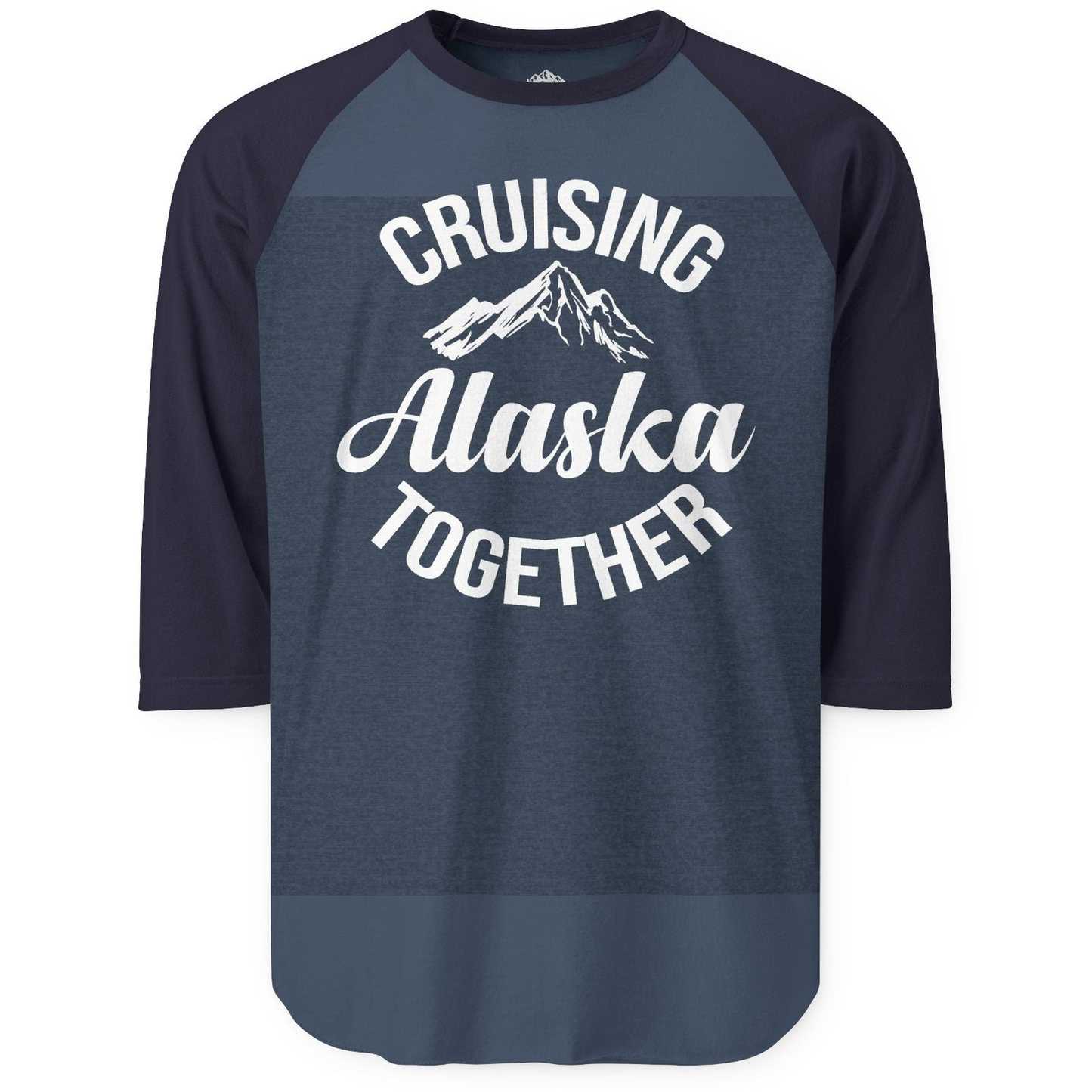 Cruising Alaska Together Mountain Adventure Travel Couples Shirt — 3/4 Sleeve 3/4 Sleeve Raglan Shirt – Heather Denim/Navy – Alaska Cruise Shirts