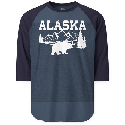 Alaska Bear Shirt 3/4 Sleeve Raglan Shirt – Heather Denim/Navy – Alaska Cruise Shirts