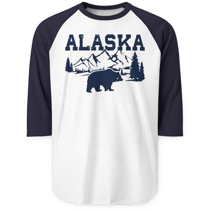 Alaska Bear Shirt 3/4 Sleeve Raglan Shirt – White/Navy – Alaska Cruise Shirts