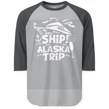 Aww Ship Alaska Cruise Shirt 3/4 Sleeve Raglan Shirt – Heather Grey/Heather Charcoal – Alaska Cruise Shirts