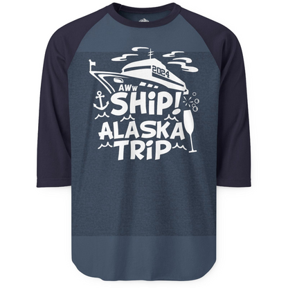 Aww Ship Alaska Cruise Shirt 3/4 Sleeve Raglan Shirt – Heather Denim/Navy – Alaska Cruise Shirts