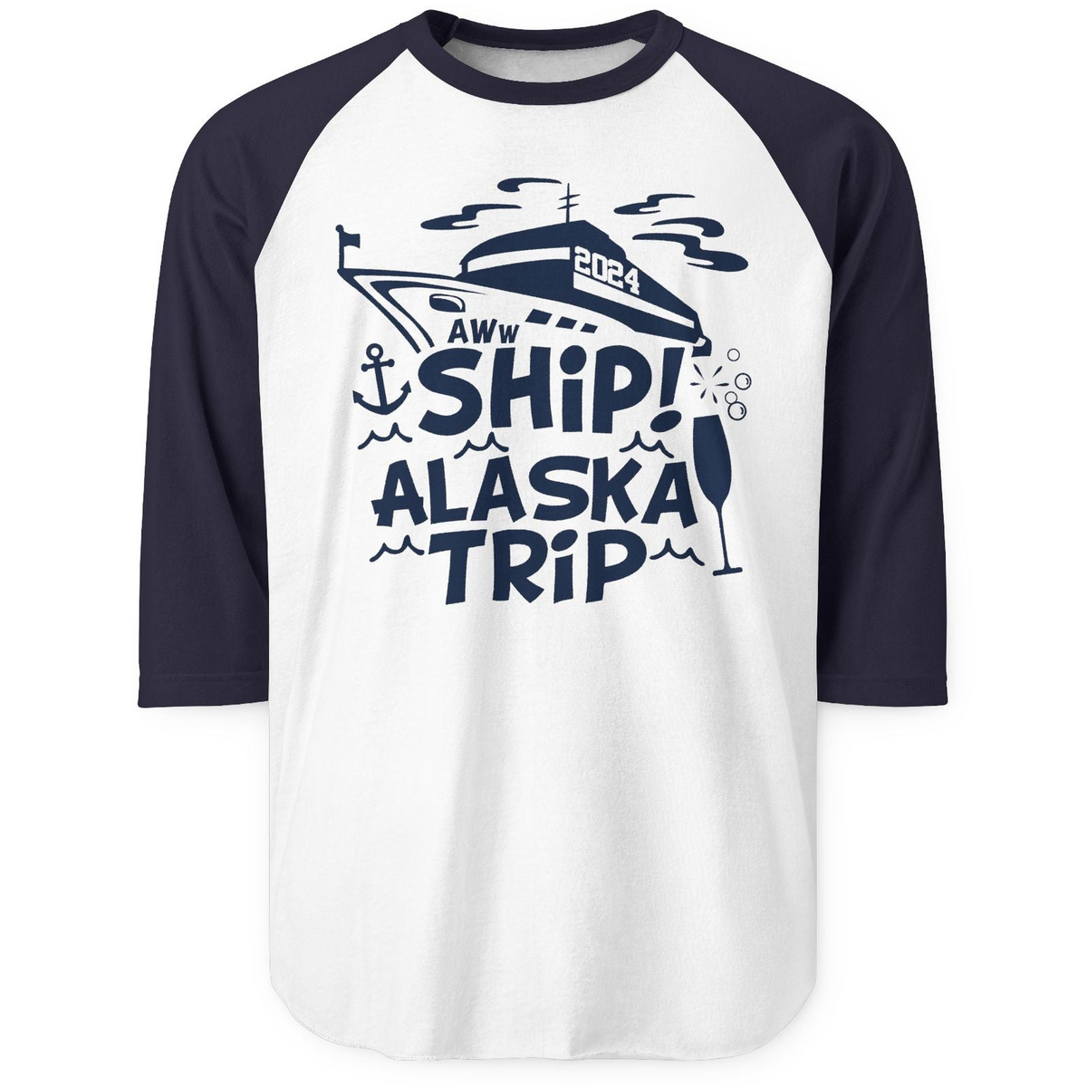Aww Ship Alaska Cruise Shirt 3/4 Sleeve Raglan Shirt – White/Navy – Alaska Cruise Shirts