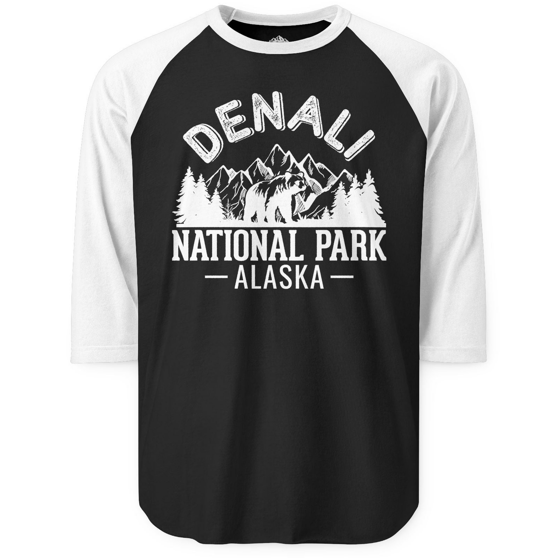 Denali National Park Bear Mountains Vintage Alaska Nature Shirt — 3/4 Sleeve 3/4 Sleeve Raglan Shirt – Black/White – Alaska Cruise Shirts