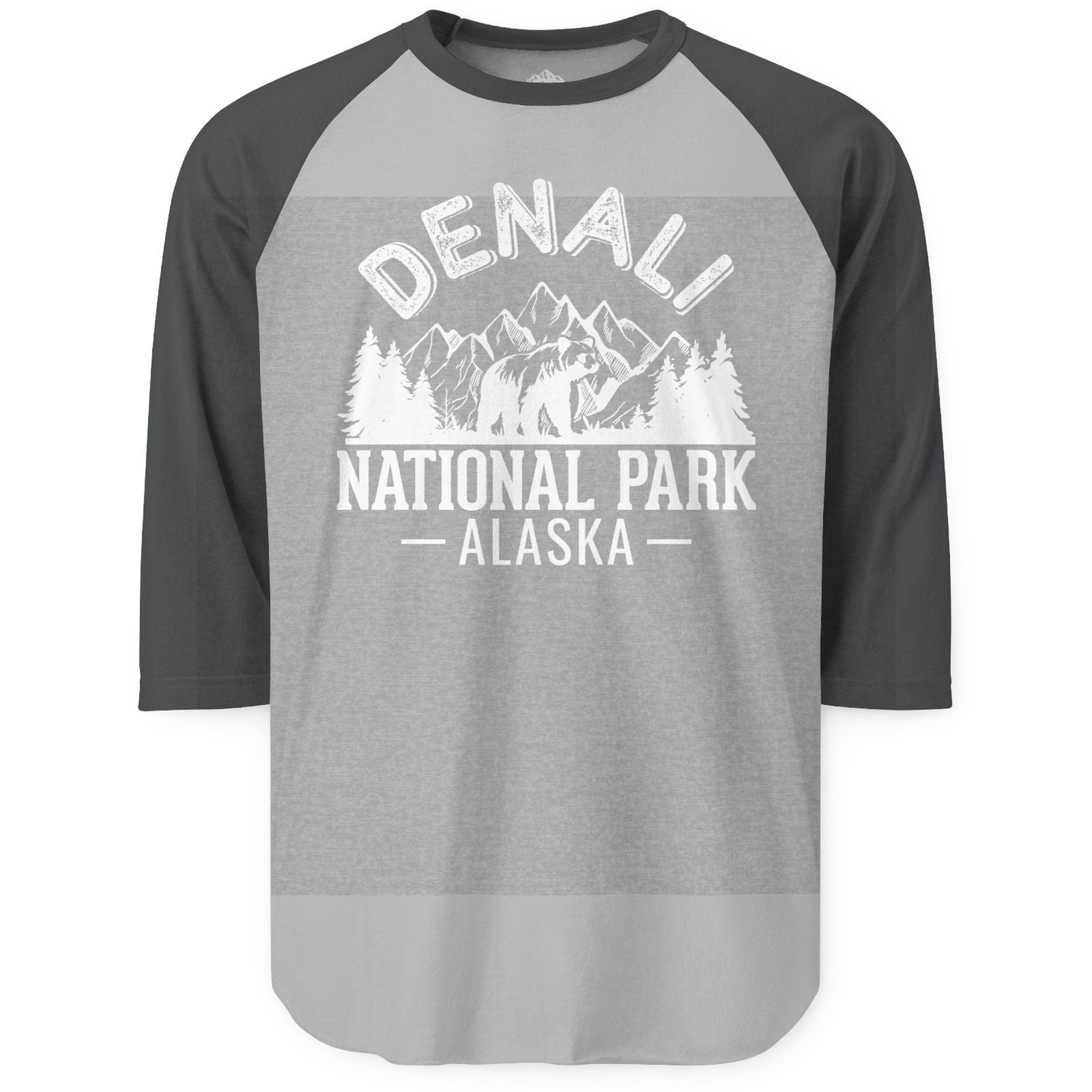 Denali National Park Bear Mountains Vintage Alaska Nature Shirt — 3/4 Sleeve 3/4 Sleeve Raglan Shirt – Heather Grey/Heather Charcoal – Alaska Cruise Shirts