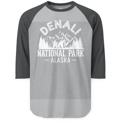 Denali National Park Bear Mountains Vintage Alaska Nature Shirt — 3/4 Sleeve 3/4 Sleeve Raglan Shirt – Heather Grey/Heather Charcoal – Alaska Cruise Shirts