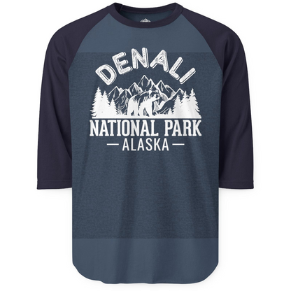 Denali National Park Bear Mountains Vintage Alaska Nature Shirt — 3/4 Sleeve 3/4 Sleeve Raglan Shirt – Heather Denim/Navy – Alaska Cruise Shirts