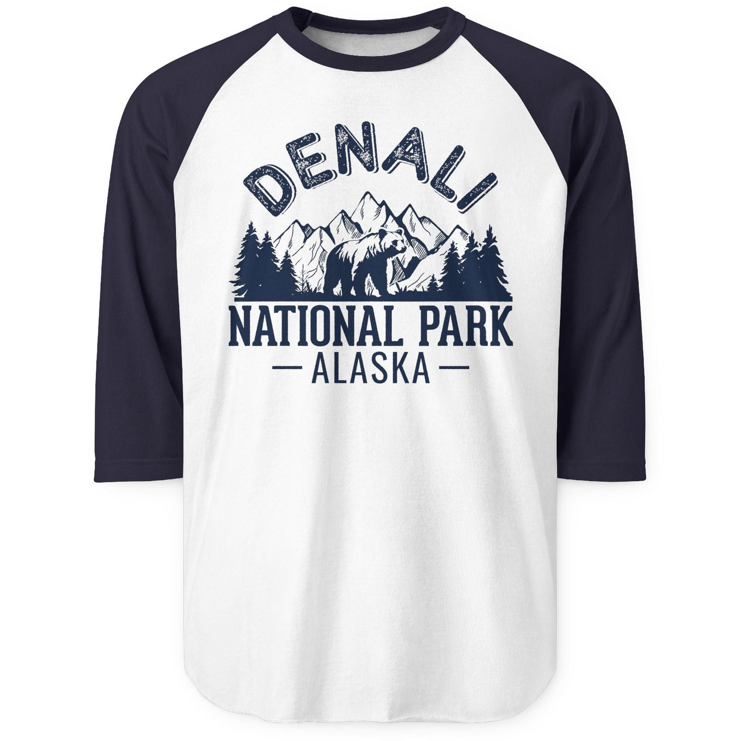 Denali National Park Bear Mountains Vintage Alaska Nature Shirt — 3/4 Sleeve 3/4 Sleeve Raglan Shirt – White/Navy – Alaska Cruise Shirts
