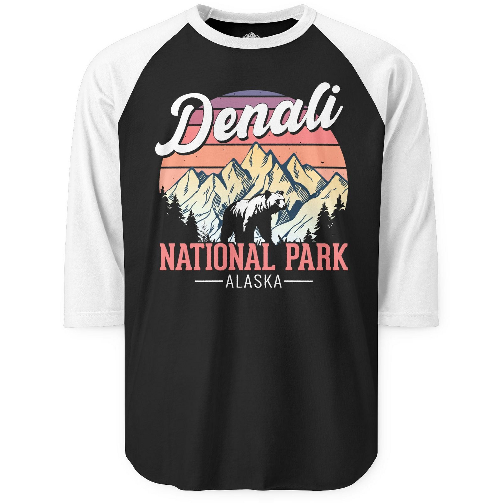 Retro Denali National Park Alaska Bear Mountains Vintage Shirt — 3/4 Sleeve 3/4 Sleeve Raglan Shirt – Black/White – Alaska Cruise Shirts