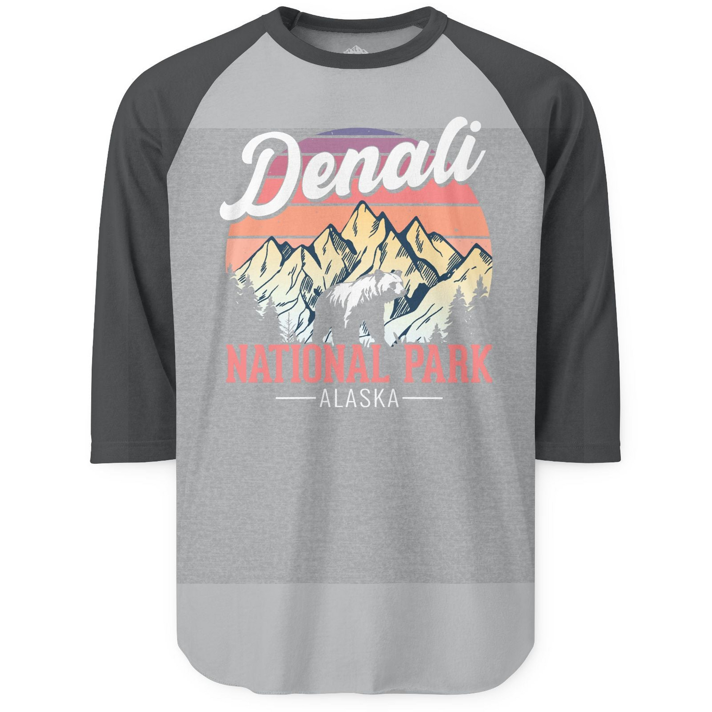 Retro Denali National Park Alaska Bear Mountains Vintage Shirt — 3/4 Sleeve 3/4 Sleeve Raglan Shirt – Heather Grey/Heather Charcoal – Alaska Cruise Shirts
