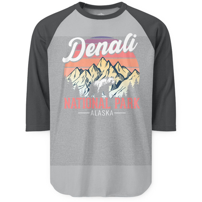 Retro Denali National Park Alaska Bear Mountains Vintage Shirt — 3/4 Sleeve 3/4 Sleeve Raglan Shirt – Heather Grey/Heather Charcoal – Alaska Cruise Shirts