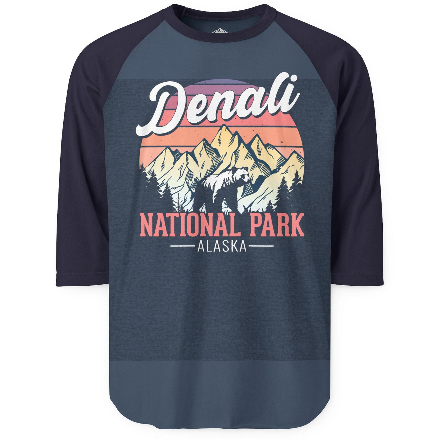 Retro Denali National Park Alaska Bear Mountains Vintage Shirt — 3/4 Sleeve 3/4 Sleeve Raglan Shirt – Heather Denim/Navy – Alaska Cruise Shirts