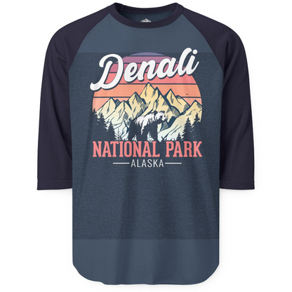 Retro Denali National Park Alaska Bear Mountains Vintage Shirt — 3/4 Sleeve 3/4 Sleeve Raglan Shirt – Heather Denim/Navy – Alaska Cruise Shirts