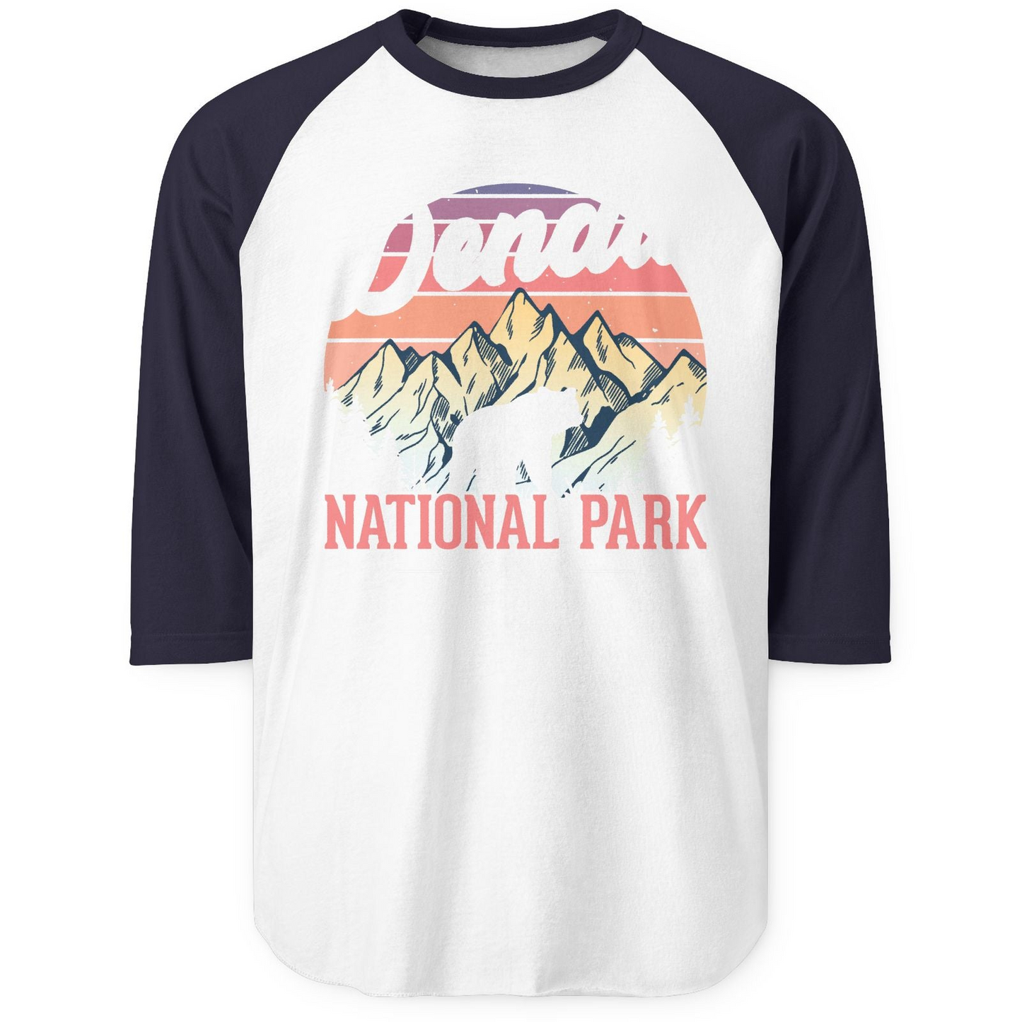 Retro Denali National Park Alaska Bear Mountains Vintage Shirt — 3/4 Sleeve 3/4 Sleeve Raglan Shirt – White/Navy – Alaska Cruise Shirts