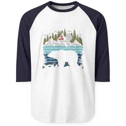 Mt Denali Alaska Bear Wilderness Shirt 3/4 Sleeve Raglan Shirt – White/Navy – Alaska Cruise Shirts