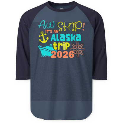 Alaska Trip 2026 Shirt Fun Nautical Cruise Family Group Matching Tee — 3/4 Sleeve 3/4 Sleeve Raglan Shirt – Heather Denim/Navy – Alaska Cruise Shirts