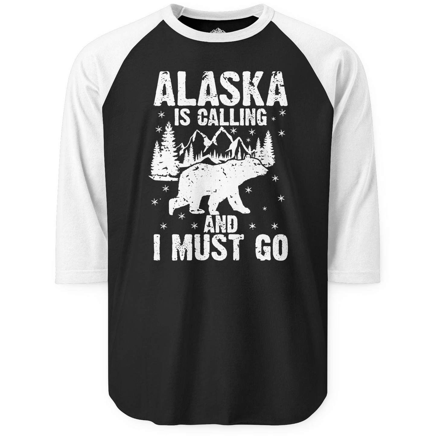 Alaska Is Calling Bear Mountain Wilderness Adventure Vintage Shirt — 3/4 Sleeve 3/4 Sleeve Raglan Shirt – Black/White – Alaska Cruise Shirts