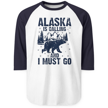 Alaska Is Calling Bear Mountain Wilderness Adventure Vintage Shirt — 3/4 Sleeve 3/4 Sleeve Raglan Shirt – White/Navy – Alaska Cruise Shirts