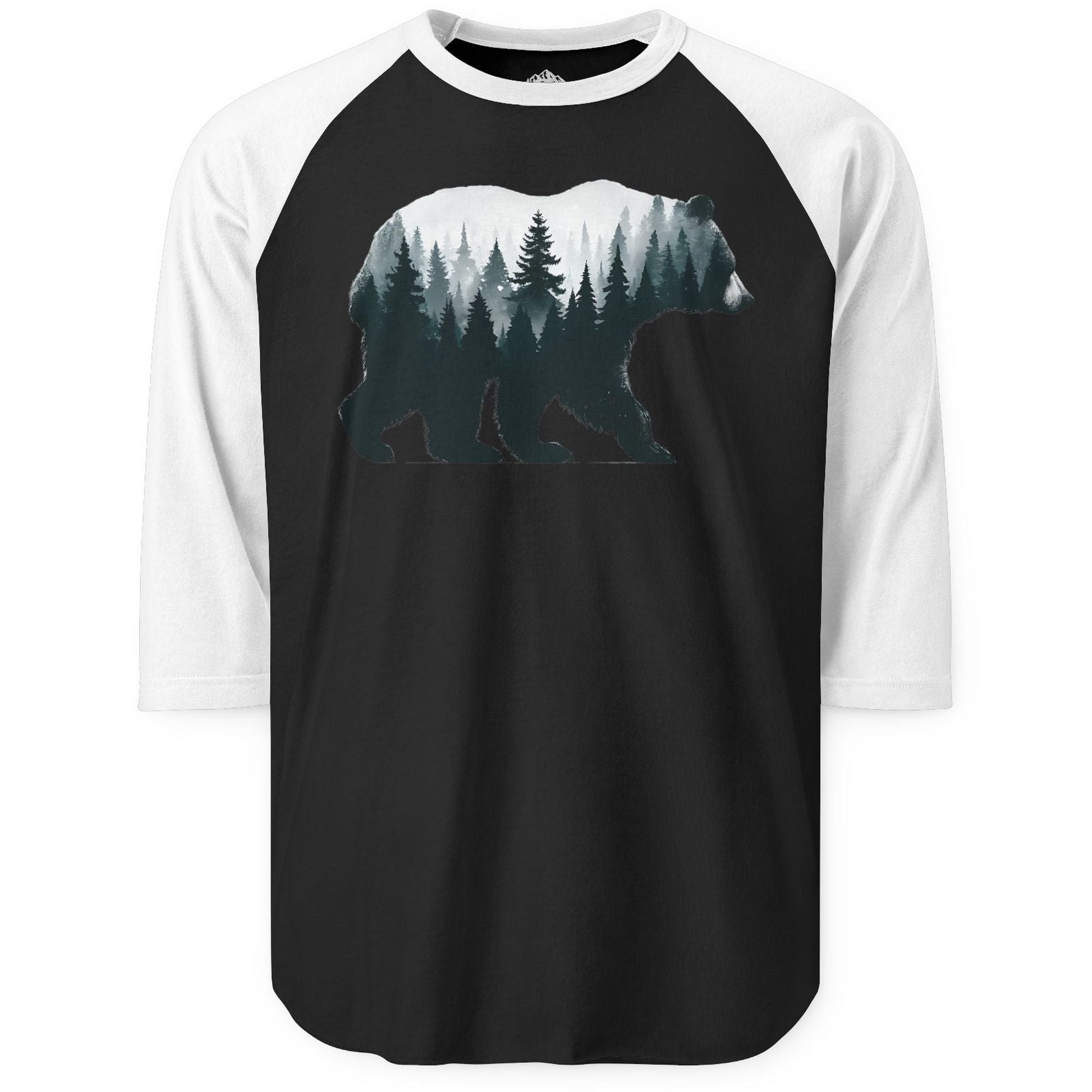 Double Exposure Bear Forest Silhouette Wilderness Shirt for Nature Lovers — 3/4 Sleeve 3/4 Sleeve Raglan Shirt – Black/White – Alaska Cruise Shirts