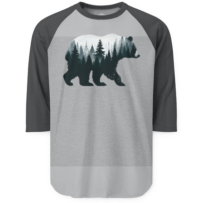Double Exposure Bear Forest Silhouette Wilderness Shirt for Nature Lovers — 3/4 Sleeve 3/4 Sleeve Raglan Shirt – Heather Grey/Heather Charcoal – Alaska Cruise Shirts