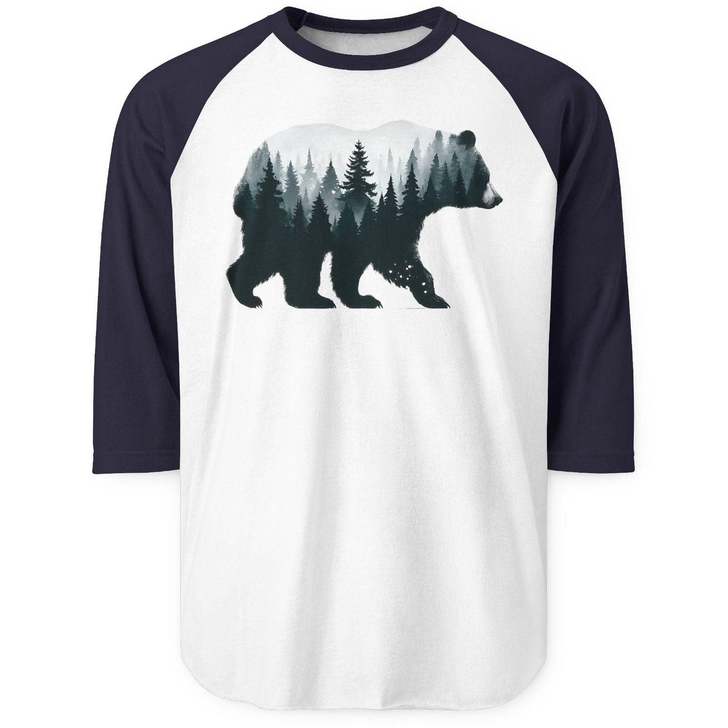 Double Exposure Bear Forest Silhouette Wilderness Shirt for Nature Lovers — 3/4 Sleeve 3/4 Sleeve Raglan Shirt – White/Navy – Alaska Cruise Shirts