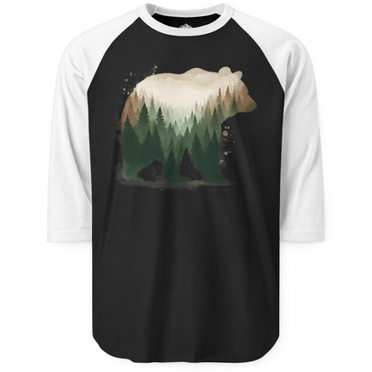 Double Exposure Bear Forest Shirt 3/4 Sleeve Raglan Shirt – Black/White – Alaska Cruise Shirts