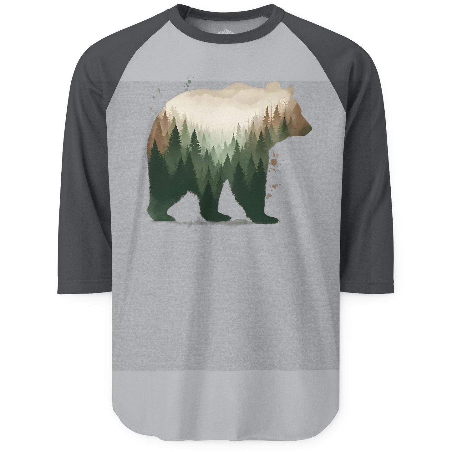Double Exposure Bear Forest Shirt 3/4 Sleeve Raglan Shirt – Heather Grey/Heather Charcoal – Alaska Cruise Shirts