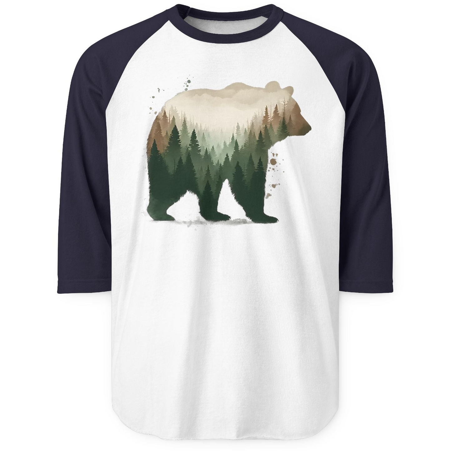 Double Exposure Bear Forest Shirt 3/4 Sleeve Raglan Shirt – White/Navy – Alaska Cruise Shirts