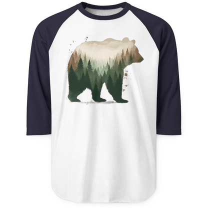 Double Exposure Bear Forest Shirt 3/4 Sleeve Raglan Shirt – White/Navy – Alaska Cruise Shirts