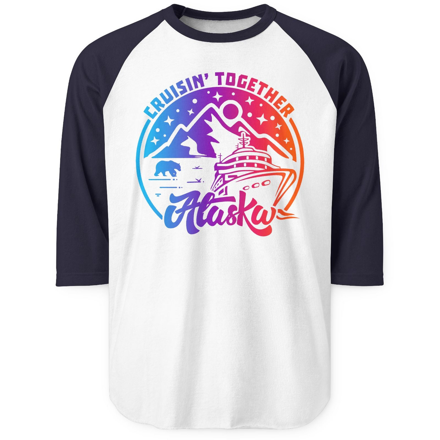Alaska Cruise Shirt 3/4 Sleeve Raglan Shirt – White/Navy – Alaska Cruise Shirts