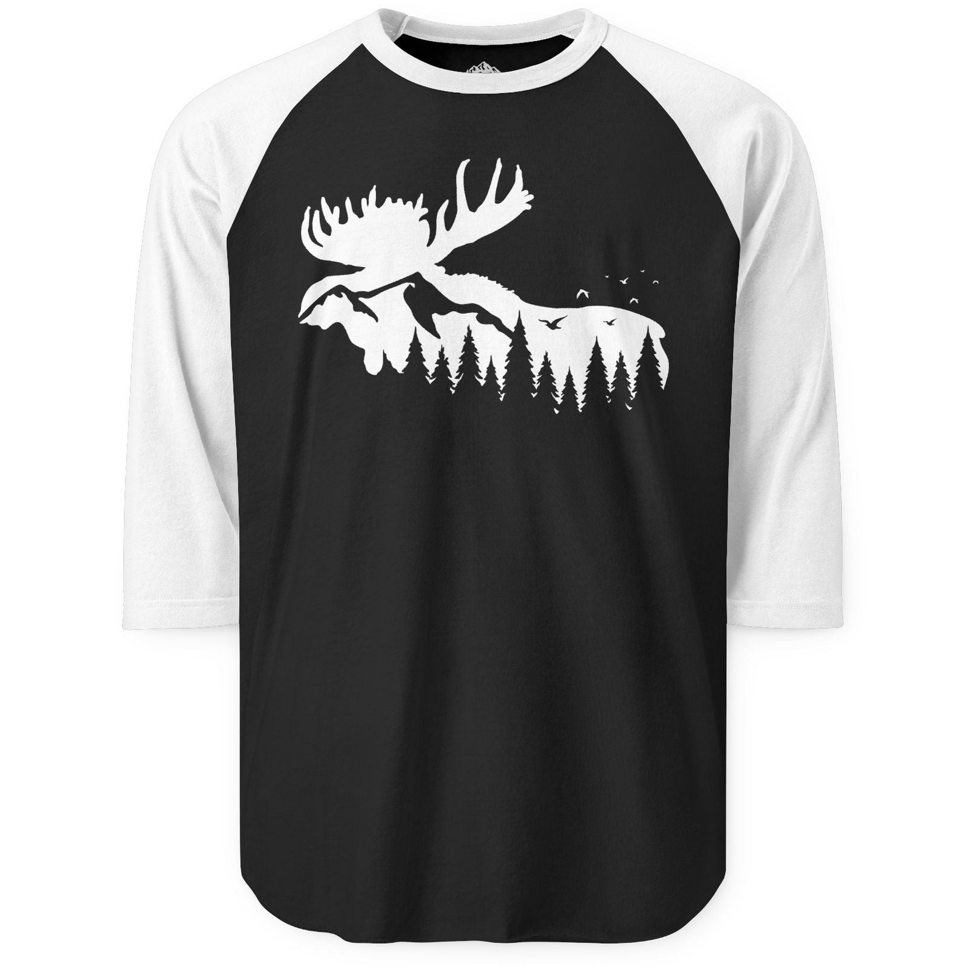 Moose Silhouette Forest Scene Shirt 3/4 Sleeve Raglan Shirt – Black/White – Alaska Cruise Shirts