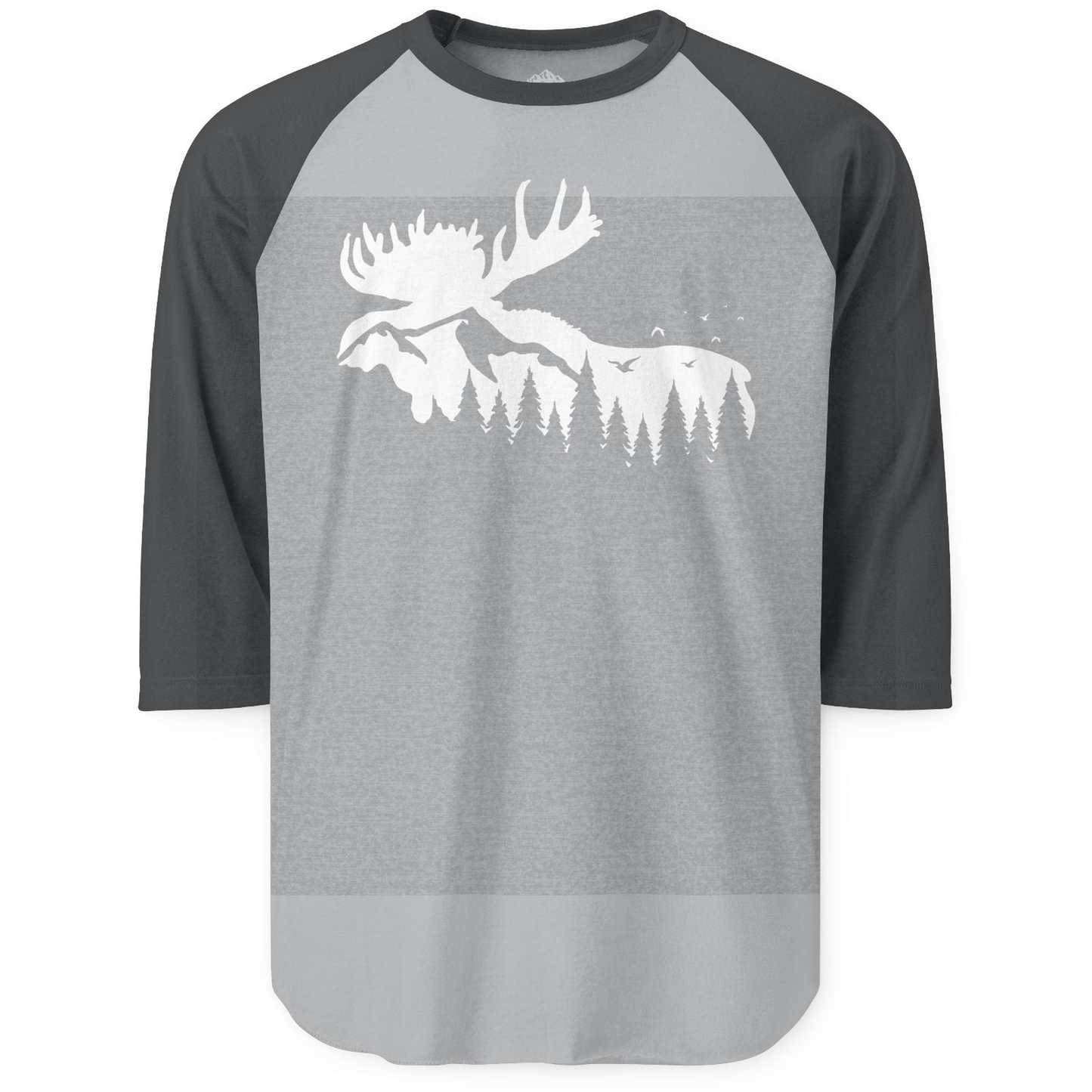 Moose Silhouette Forest Scene Shirt 3/4 Sleeve Raglan Shirt – Heather Grey/Heather Charcoal – Alaska Cruise Shirts