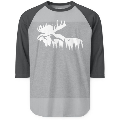 Moose Silhouette Forest Scene Shirt 3/4 Sleeve Raglan Shirt – Heather Grey/Heather Charcoal – Alaska Cruise Shirts