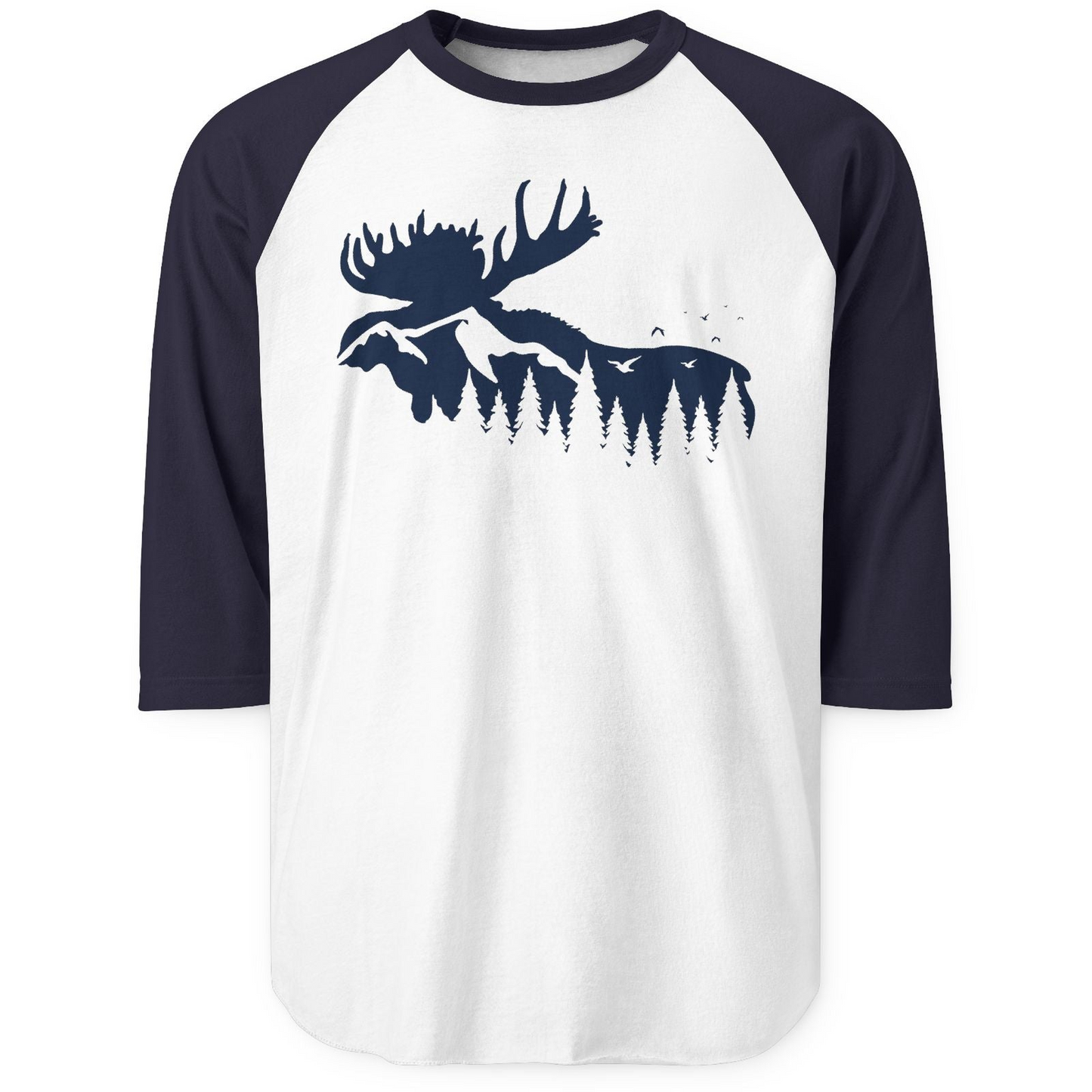 Moose Silhouette Forest Scene Shirt 3/4 Sleeve Raglan Shirt – White/Navy – Alaska Cruise Shirts