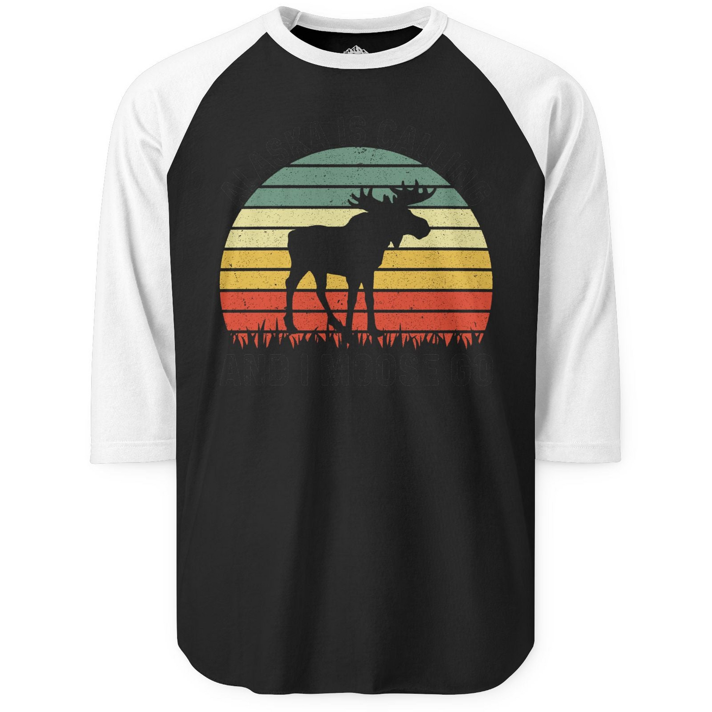 Alaska Is Calling And I Moose Go Retro Sunset Moose Graphic Shirt — 3/4 Sleeve 3/4 Sleeve Raglan Shirt – Black/White – Alaska Cruise Shirts