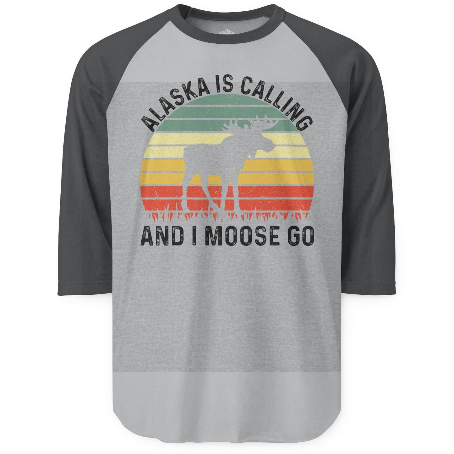 Alaska Is Calling And I Moose Go Retro Sunset Moose Graphic Shirt — 3/4 Sleeve 3/4 Sleeve Raglan Shirt – Heather Grey/Heather Charcoal – Alaska Cruise Shirts