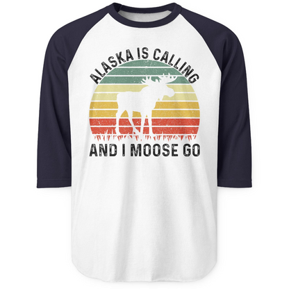 Alaska Is Calling And I Moose Go Retro Sunset Moose Graphic Shirt — 3/4 Sleeve 3/4 Sleeve Raglan Shirt – White/Navy – Alaska Cruise Shirts