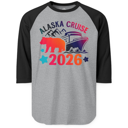 Alaska Cruise 2026 Shirt 3/4 Sleeve Raglan Shirt – Heather Grey/Black – Alaska Cruise Shirts