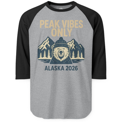 Alaska 2026 Mountain Adventure Bear 3/4 Sleeve Raglan Shirt – Heather Grey/Black – Alaska Cruise Shirts