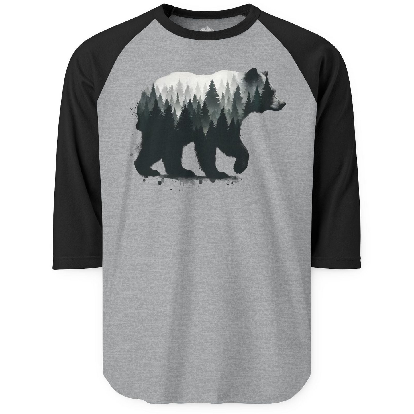 Bear Silhouette Forest Double Exposure Shirt 3/4 Sleeve Raglan Shirt – Heather Grey/Black – Alaska Cruise Shirts