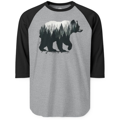 Bear Silhouette Forest Double Exposure Shirt 3/4 Sleeve Raglan Shirt – Heather Grey/Black – Alaska Cruise Shirts