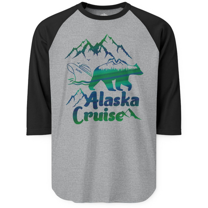 Alaska Cruise Bear Mountains Silhouette Shirt 3/4 Sleeve Raglan Shirt – Heather Grey/Black – Alaska Cruise Shirts